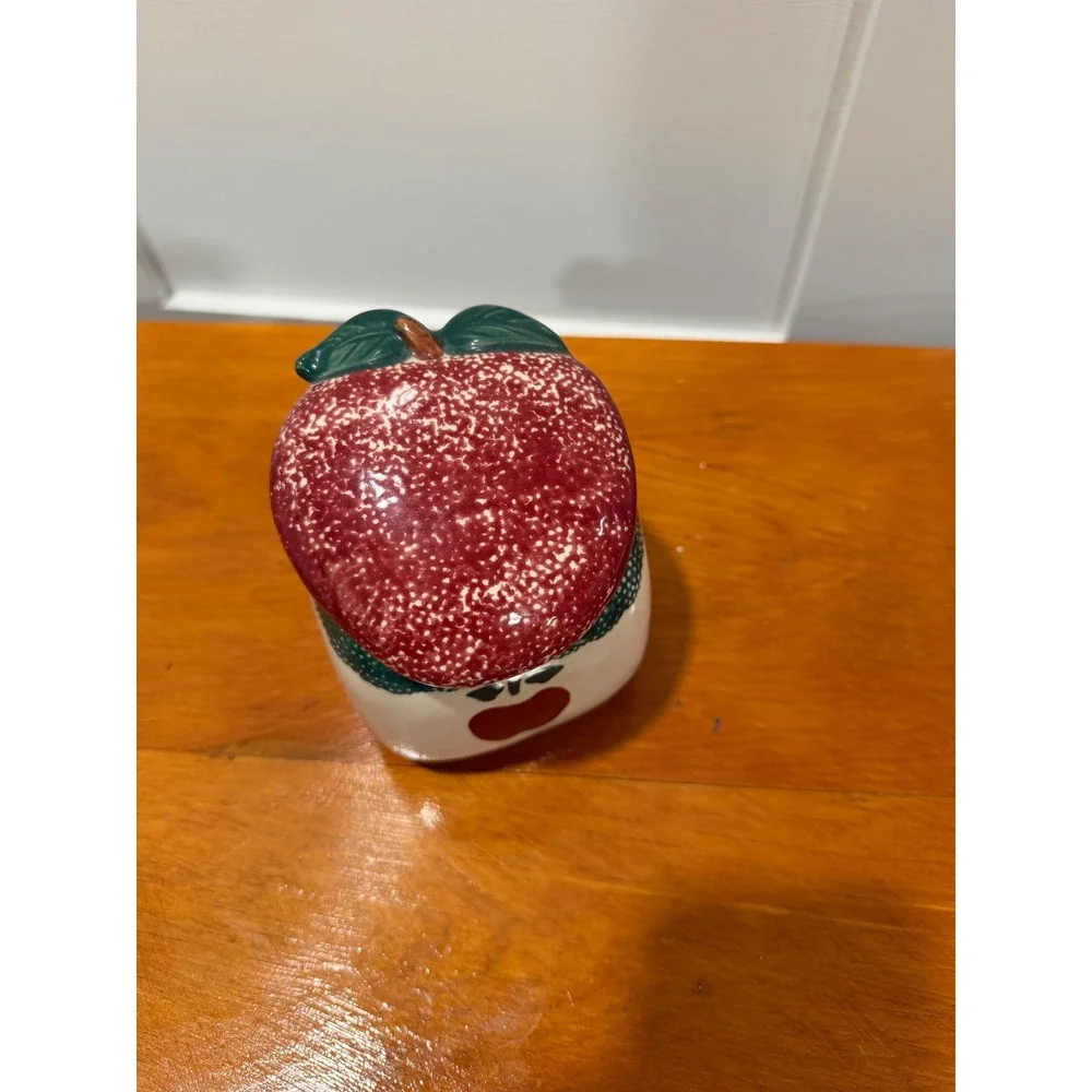 Vintage Hand Painted Ceramic Apple Canister Jar with Lid Red Green Farmhouse
